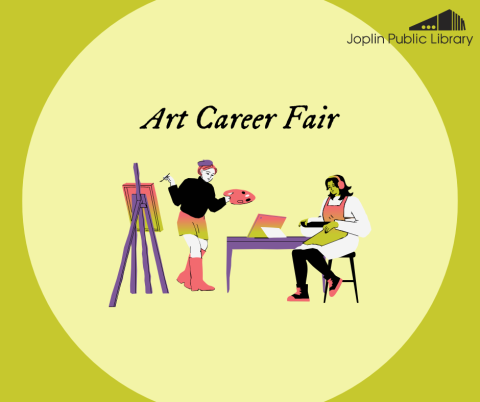 A green background with an illustration of two artists working, one painting and one holding a tablet, with the text "Art Career Fair"