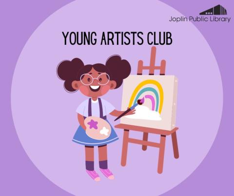 An illustration of a young girl painting a rainbow on an easel. The text above reads "Young Artists Club"