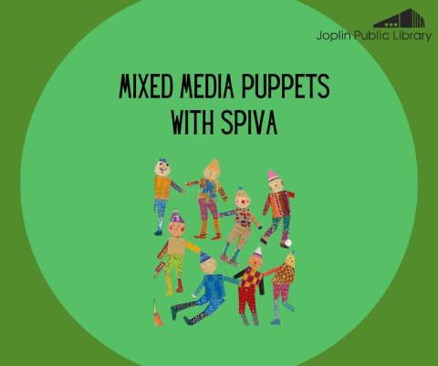 Colorful cardboard marionette puppets over a green background. Text at the top reads "mixed media puppets with Spiva"
