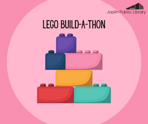 Illustration of colored legos stacked in a tower over a pink background. Black text above reads "Lego Build-a-thon"