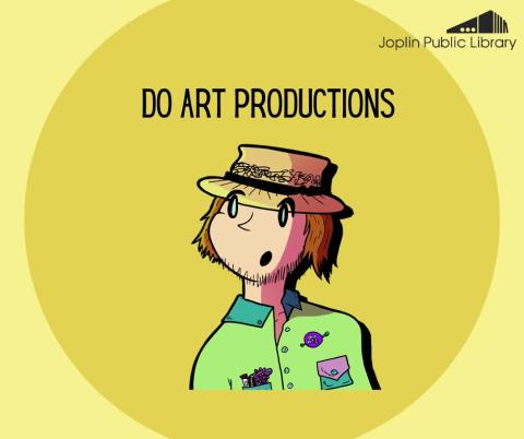 An illustration of an person with shaggy brown hair and a straw hat. Black text above reads "Do Art Productions"