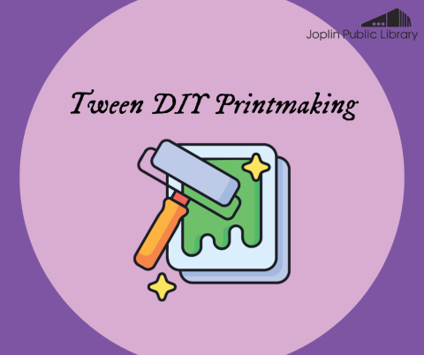 A graphic of an ink roller spreading green ink on a blue slate, with yellow star accents, and text that reads "Tween DIY Printmaking" on a purple background
