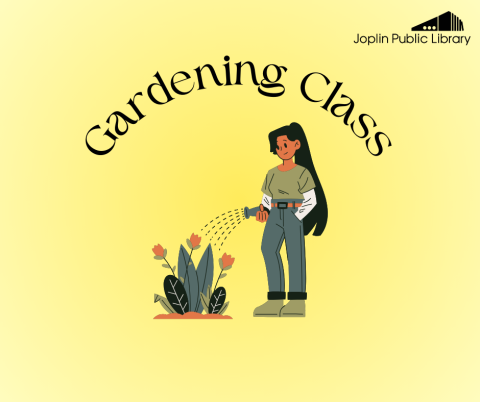 Yellow background, title of program in a arch above graphic of woman watering flowers.