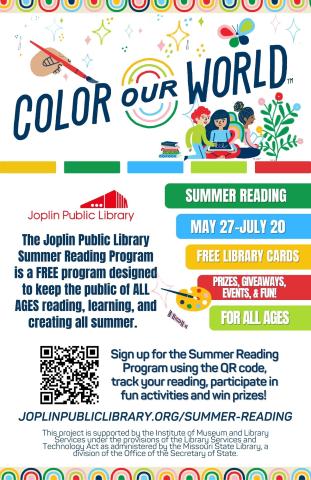 A flyer with the "Color our World" logo for summer reading 2025. It also includes the dates, May 27-July 20.