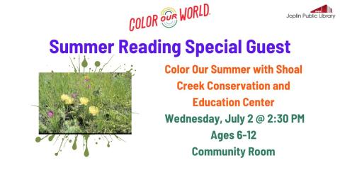 A photo of yellow and purple flowers in grass. Text to the right reads "summer reading special guest" and includes the program date and time.