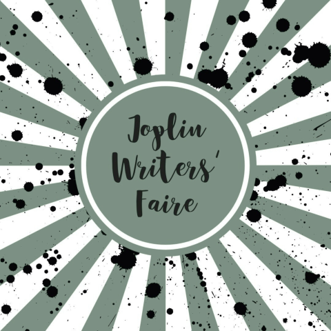 Green and white stripe background with black paint splatter, middle is a green circle with Joplin Writers' Faire in black lettering.