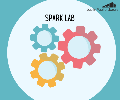 Text reads: Spark Lab, There are blue, yellow and red gears beneath the text.
