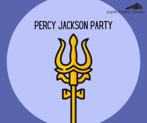 Text reads: Percy Jackson Party, there is a gold triton below the text.
