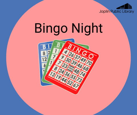 Blue and red background with graphic of bingo cards in the middle, event title above.