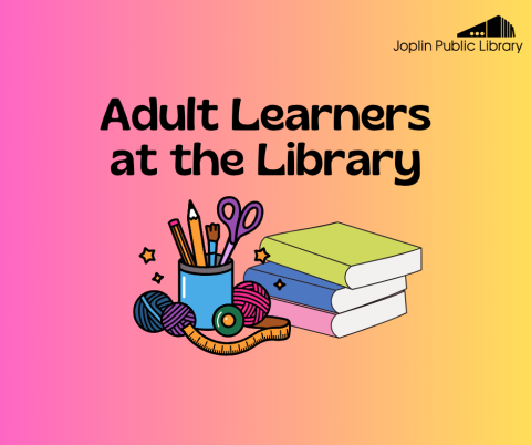 Pink and yellow background with craft supplies and a stack of books in the middle, event title above