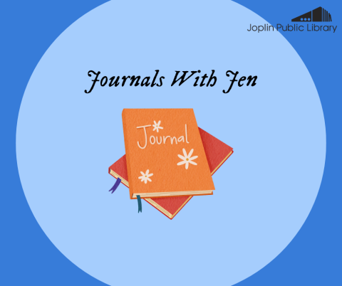 A graphic of two orange journals stacked on each other, on a blue background, with the text "Journals with Jen" and the library logo