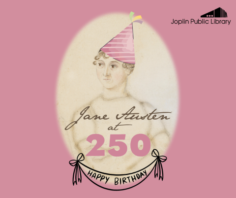 Pink background with graphic of Jane Austen in a party hat