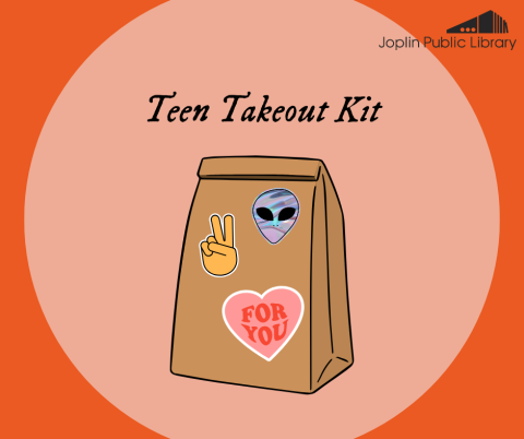 A graphic of a brown paper sack with stickers on it of an alien, a hand making a peace sign, and a heard that says "for you," on an orange background with the text "Teen Takeout Kit" and the library logo