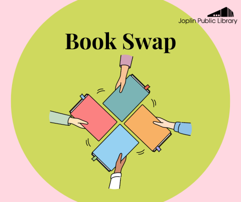 Pink and green background, graphic of hands exchanging books, event title above.