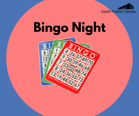 Blue and red background, graphic of bingo cards in the middle with event name above.