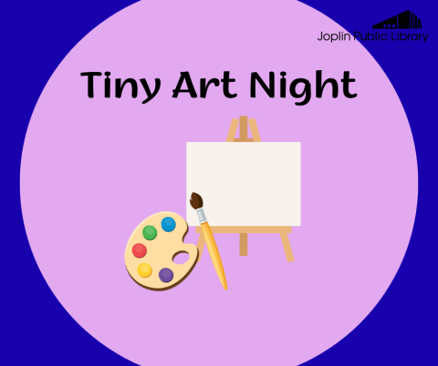 Blue and purple background, graphic of easel, paint, and paint brush in the center, with event title above.