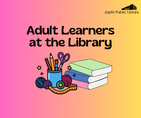 Pink and yellow background, graphic of books and craft supplies in the middle with event name above.