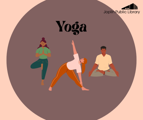 Peach and brown background, graphic of people doing yoga in the middle, event title above.