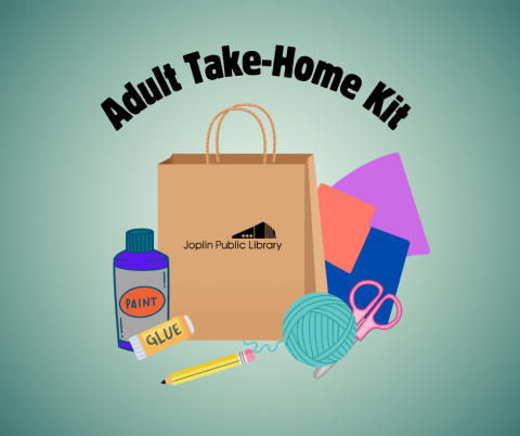 Green background, adult take-home kit title arched at the top, graphic of paper bag surrounded by craft supplies in the middle.