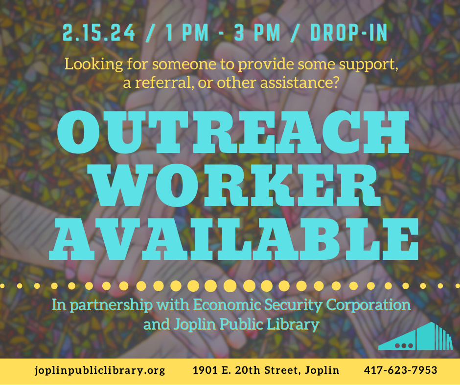 Background is a circle of clasped hands. Text overlay listing Outreach Worker Available and additional date/time details.