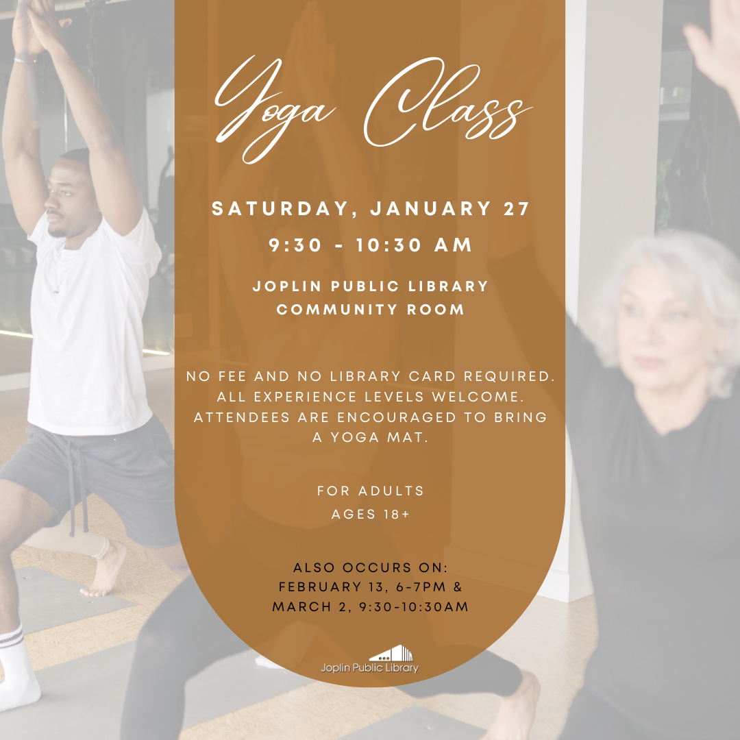 Background image of three people holding a yoga pose, brown text box overtop with event details written inside in white. 