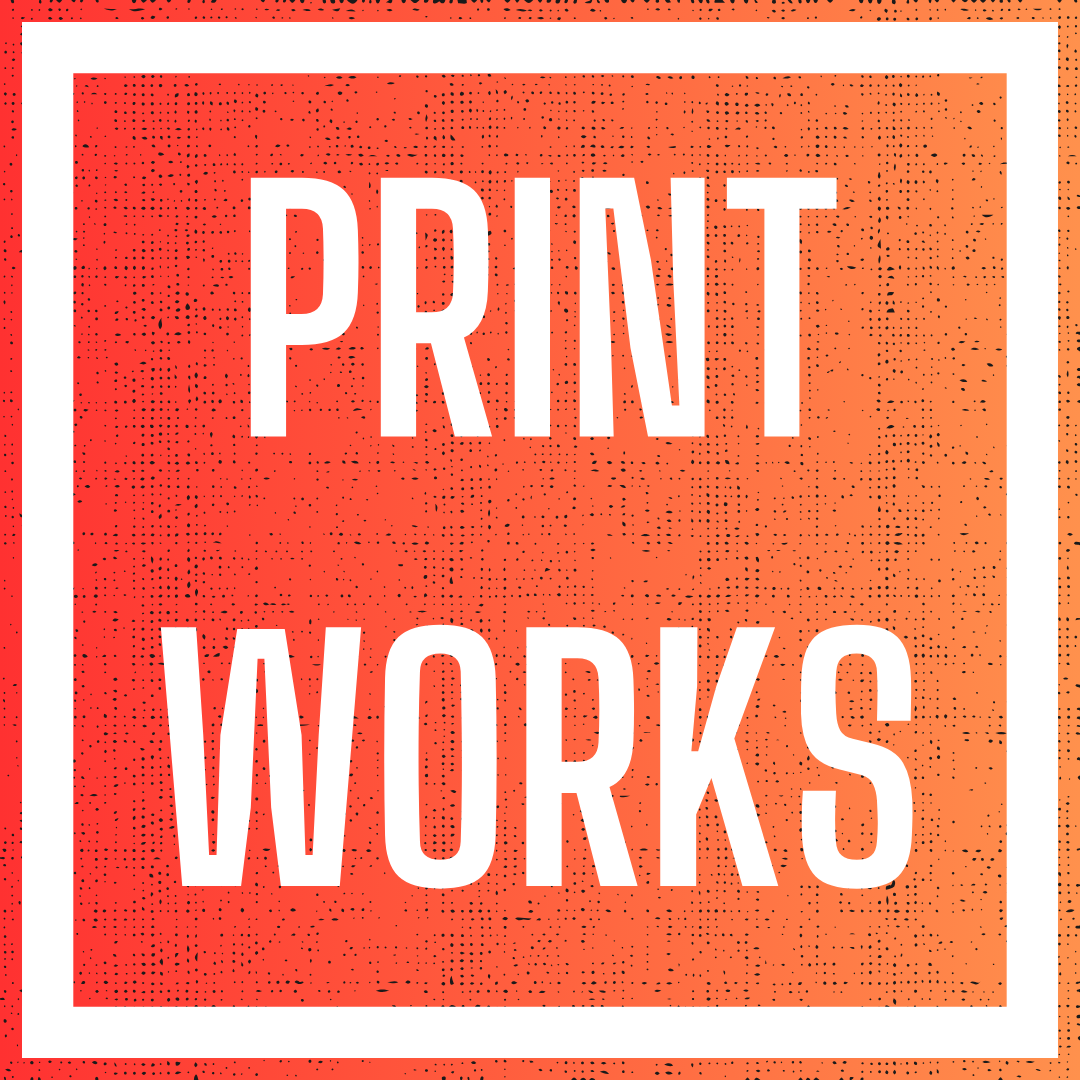 The words "print works" in white on an orange gradient background with black screen texture.