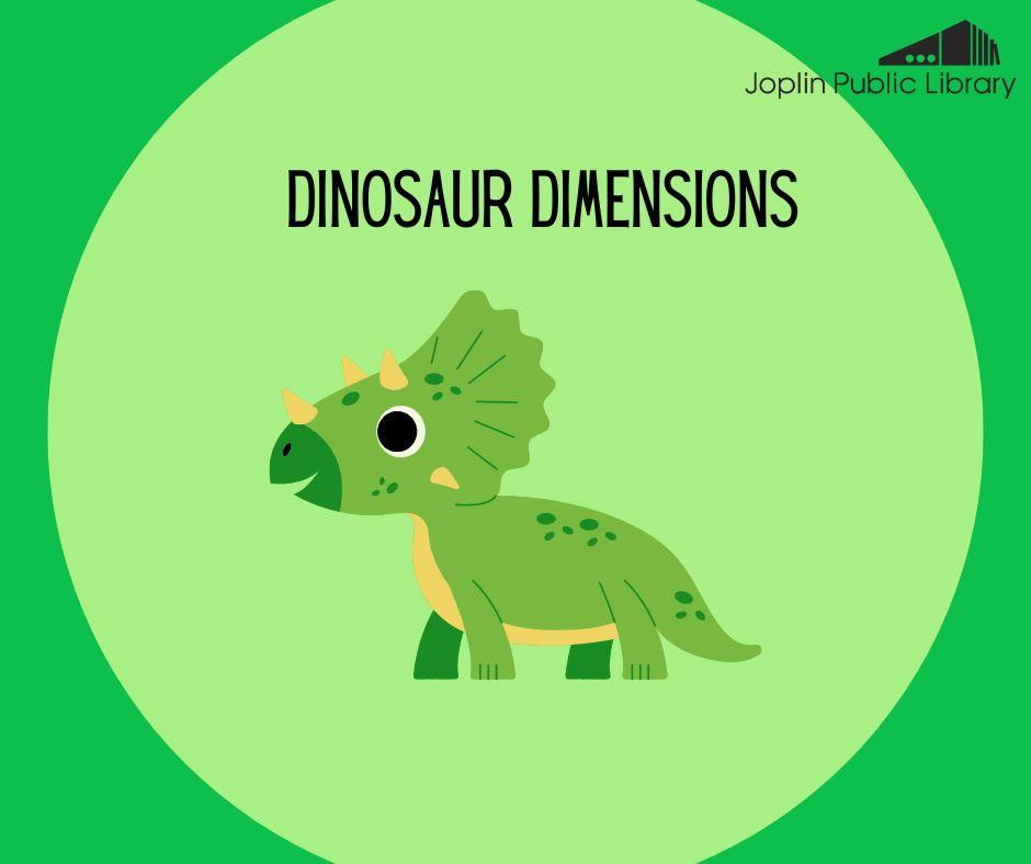 An illustration of a green dinosaur with black text that reads "Dinosaur dimensions."