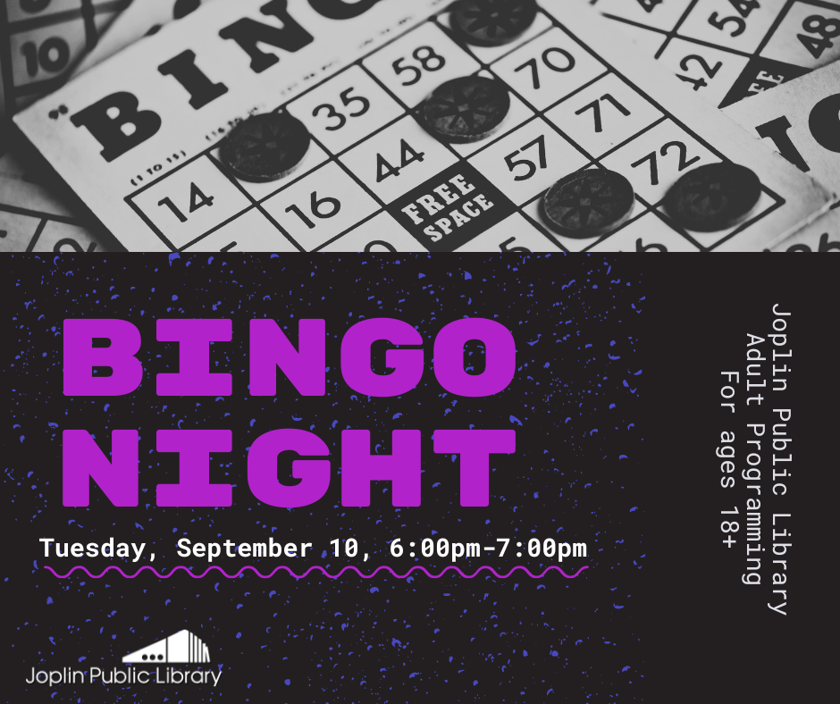 Black background with bingo card image at the top, event information below.