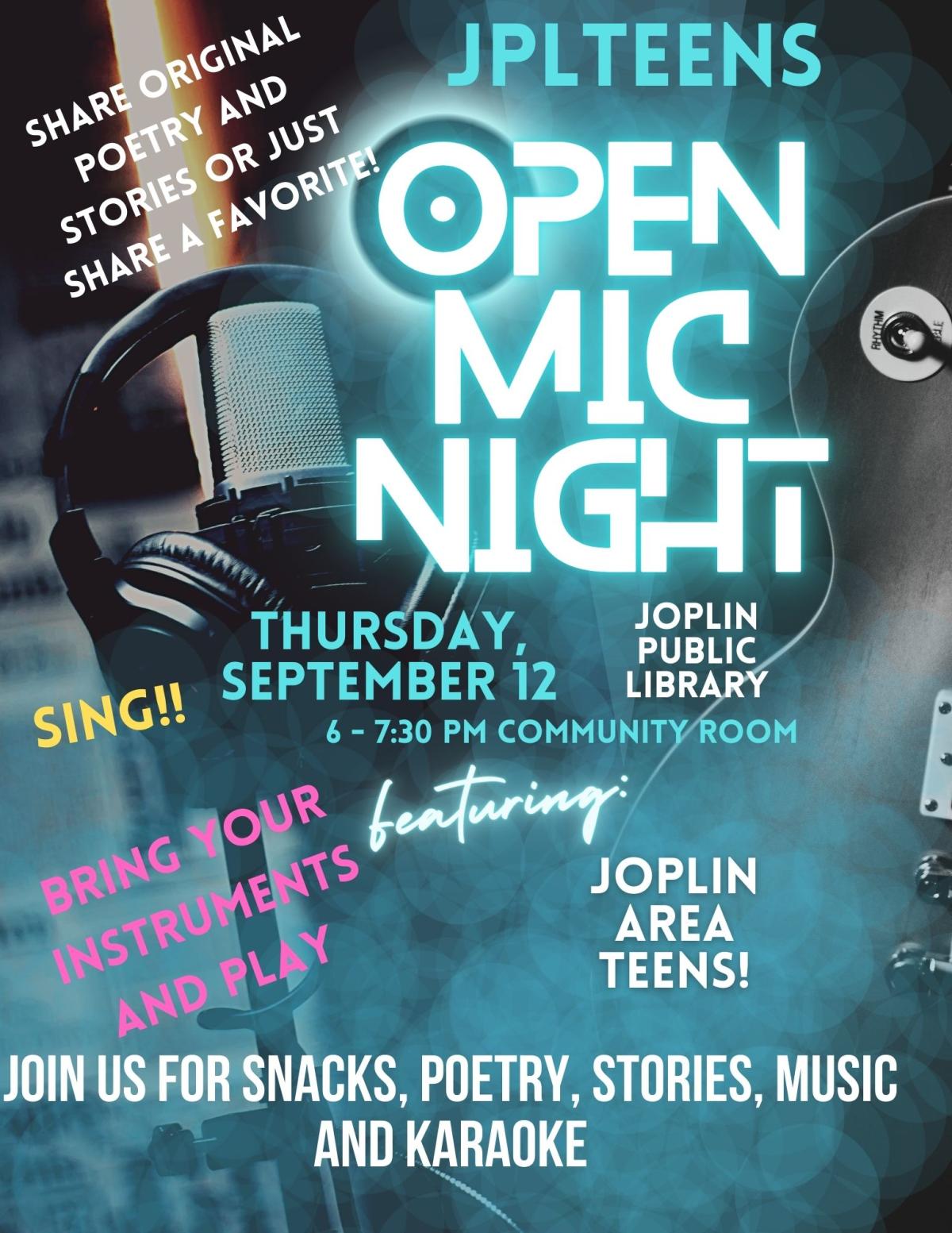 Join us to share poetry, stories, music and Karaoke!! Snacks provided!