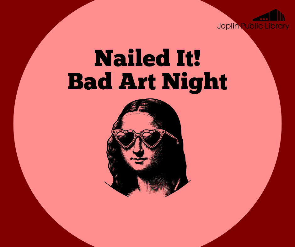 maroon background, program title in black, graphic of mona lisa with heart shaped sunglasses on