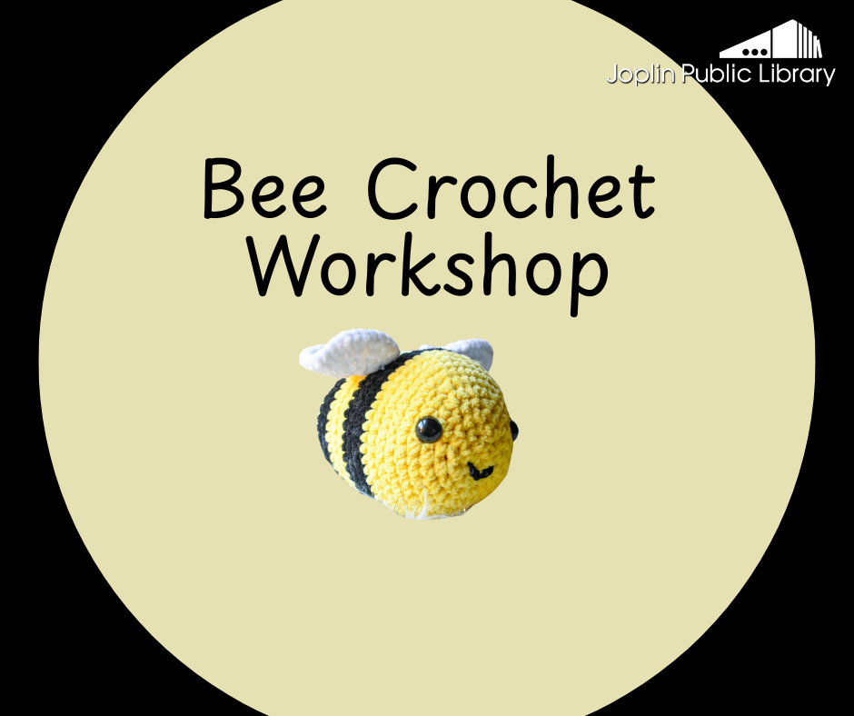 black background, yellow circle, event title and image of bee crochet in circle