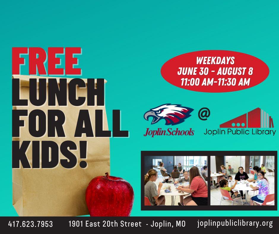 A brown lunch sack with a red apple in front. Text over the bag reads "Free Lunch for Kids!"