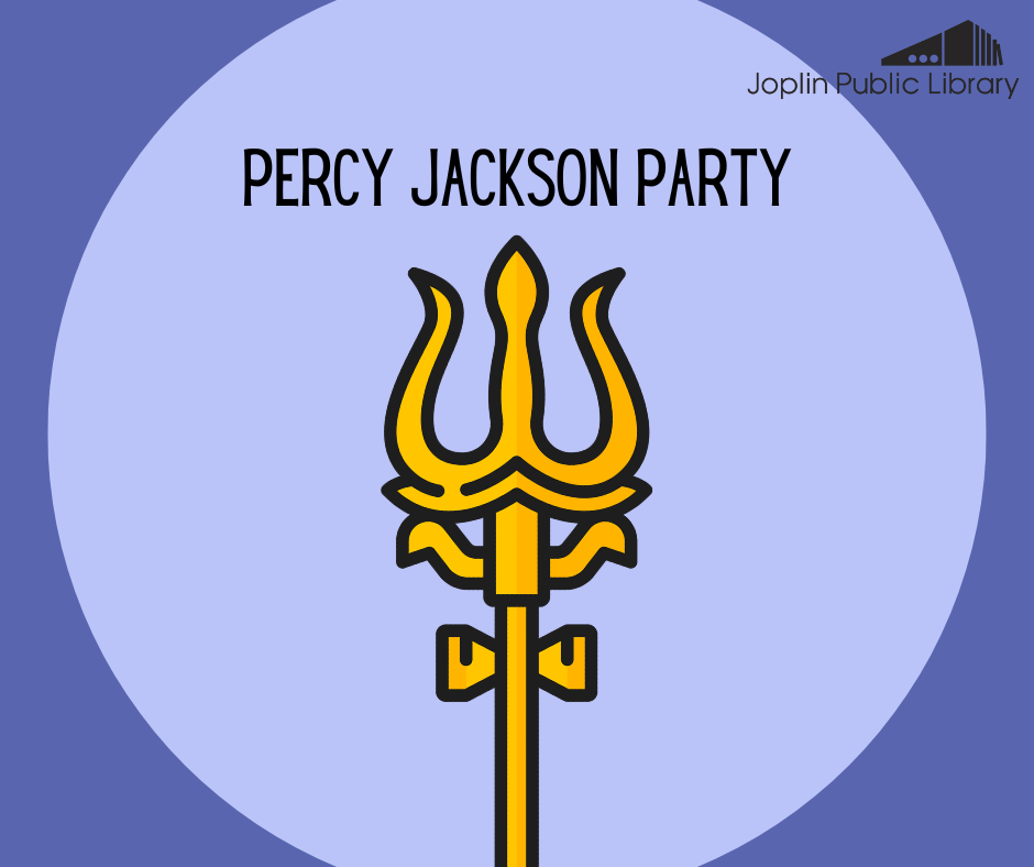 Text reads: Percy Jackson Party, there is a gold triton below the text.