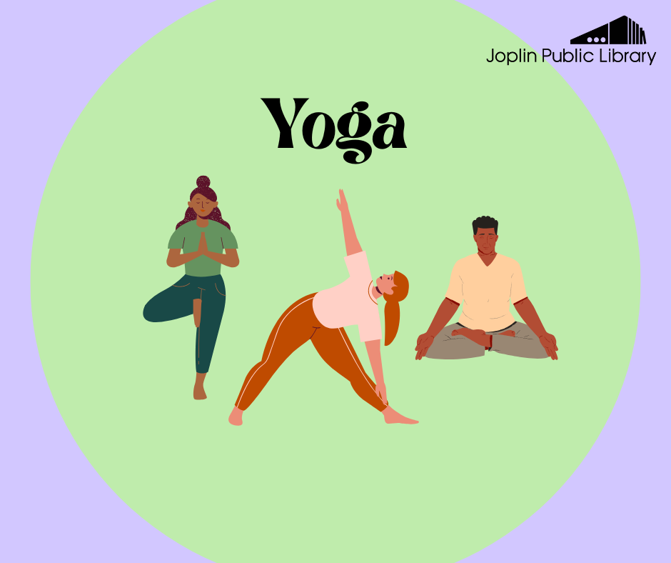 Purple and green background with graphics of people doing yoga in center, event title above.