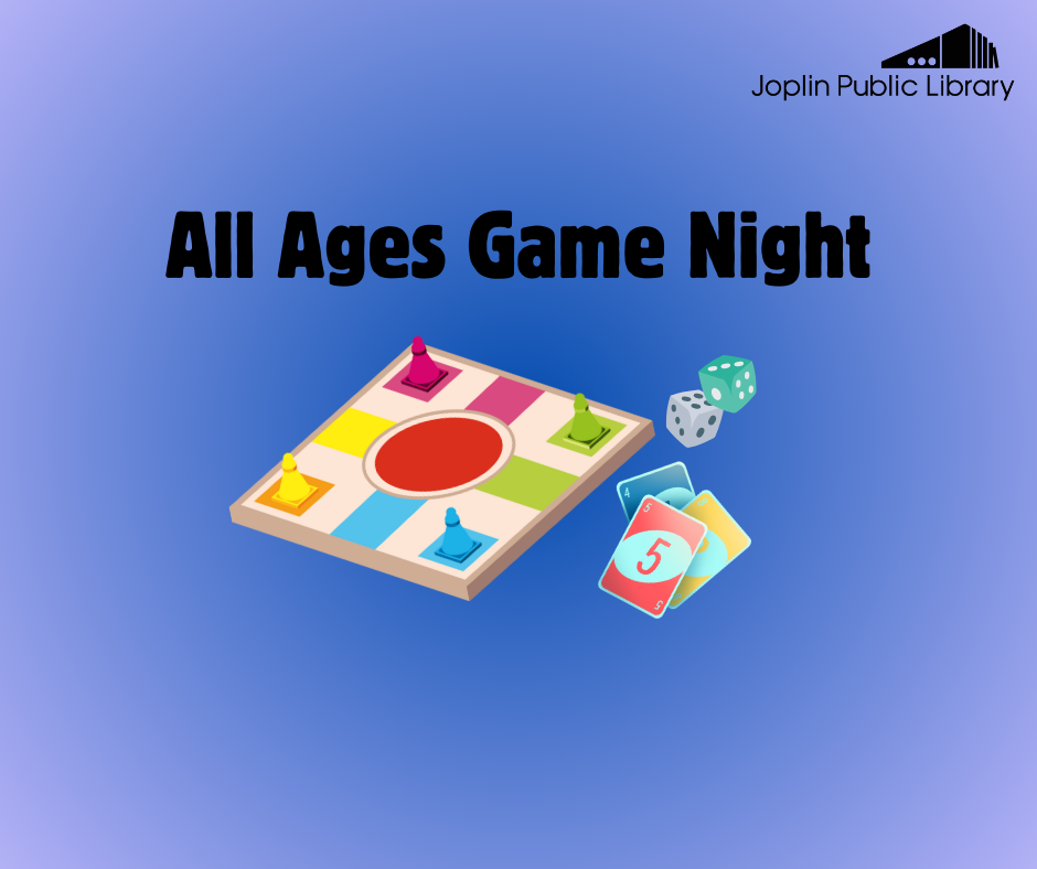 Blue background with graphics of a game board and playing cards in the middle, event title above